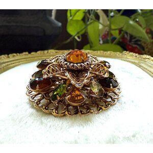 Vintage Gold-Tone Filigree Brooch With Amber Green & Smoky Glass Stones